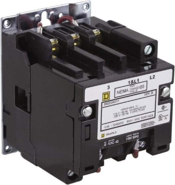 Square D - 2 Pole, 110 Coil VAC at 50 Hz and 120 Coil VAC at 60 Hz, 9 Amp NEMA Contactor - Open Enclosure, 50 Hz at 110 VAC and 60 Hz at 120 VAC - Industrial Tool & Supply