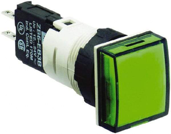 Schneider Electric - 12-24 VAC/VDC Green Lens LED Pilot Light - Square Lens, Quick Connect Connector, 18mm Wide, Vibration Resistant - Industrial Tool & Supply