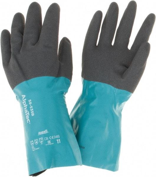 Ansell - 14" Long, 13 mil Thick, Chemical Resistant Gloves - Teal/Black - Industrial Tool & Supply