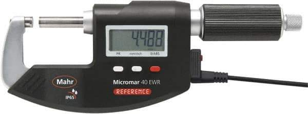 Mahr - 0 to 1" Range, 0.00005" Resolution, Standard Throat IP65 Electronic Outside Micrometer - Ratchet Stop Thimble, Carbide-Tipped Face, CR2032 Battery - Industrial Tool & Supply