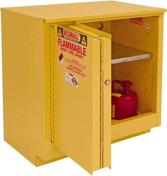 Securall Cabinets - 2 Door, 1 Shelf, Yellow Steel Under the Counter Safety Cabinet for Flammable and Combustible Liquids - 35-5/8" High x 35" Wide x 22" Deep, Sliding Door, 3 Point Key Lock, 24 Gal Capacity - Industrial Tool & Supply