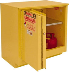 Securall Cabinets - 2 Door, 1 Shelf, Yellow Steel Under the Counter Safety Cabinet for Flammable and Combustible Liquids - 35-5/8" High x 35" Wide x 22" Deep, Sliding Door, 3 Point Key Lock, 24 Gal Capacity - Industrial Tool & Supply