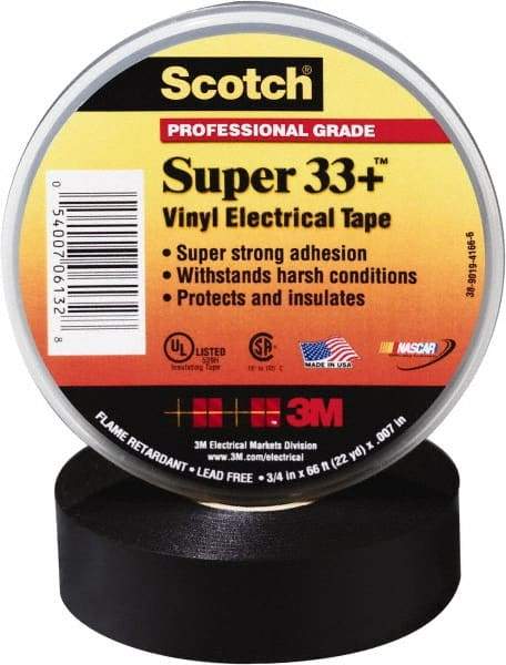 3M - 3/4" x 52', Black Vinyl Electrical Tape - Series 33+, 7 mil Thick, 1,150 V/mil Dielectric Strength, 15 Lb./Inch Tensile Strength - Industrial Tool & Supply