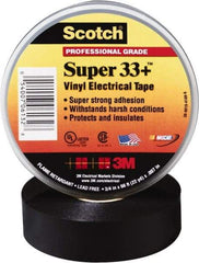 3M - 3/4" x 52', Black Vinyl Electrical Tape - Series 33+, 7 mil Thick, 1,150 V/mil Dielectric Strength, 15 Lb./Inch Tensile Strength - Industrial Tool & Supply