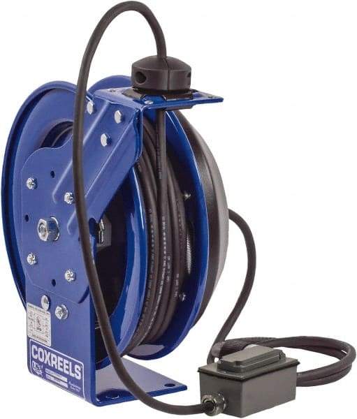 CoxReels - 12 AWG, 100' Cable Length, Cord & Cable Reel with Duplex GFCI Outlet Box End - 2 Outlets, NEMA 5-20R, 20 Amps, 115 Volts, SJO Cable, Blue Reel, Spring Driven Reel - Industrial Tool & Supply