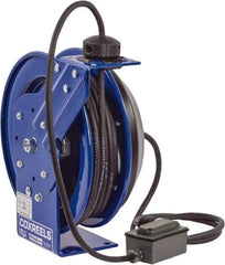 CoxReels - 12 AWG, 100' Cable Length, Cord & Cable Reel with Duplex GFCI Outlet Box End - 2 Outlets, NEMA 5-20R, 20 Amps, 115 Volts, SJO Cable, Blue Reel, Spring Driven Reel - Industrial Tool & Supply