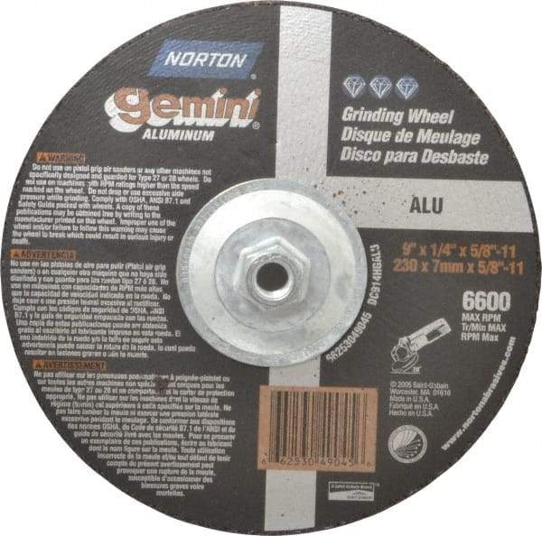 Norton - 24 Grit, 9" Wheel Diam, 1/4" Wheel Thickness, Type 27 Depressed Center Wheel - Aluminum Oxide, 6,600 Max RPM, Compatible with Angle Grinder - Industrial Tool & Supply