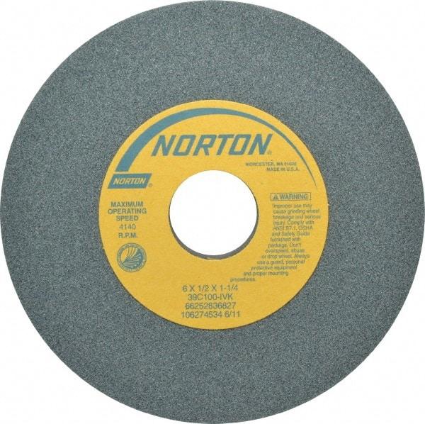 Norton - 6" Diam x 1-1/4" Hole x 1/2" Thick, I Hardness, 100 Grit Surface Grinding Wheel - Silicon Carbide, Type 1, Fine Grade, 4,140 Max RPM, Vitrified Bond, No Recess - Industrial Tool & Supply