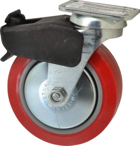 E.R. Wagner - 6" Diam x 2" Wide x 7-1/2" OAH Top Plate Mount Swivel Caster with Brake - Polyurethane, 700 Lb Capacity, Roller Bearing, 2-3/4 x 3-3/4" Plate - Industrial Tool & Supply