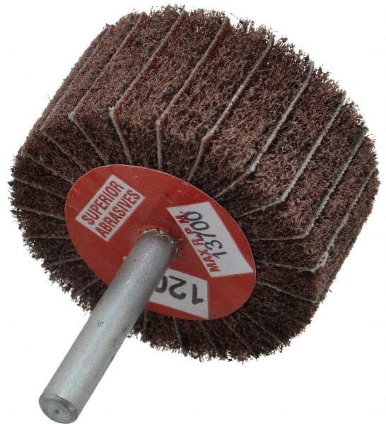 Superior Abrasives - 2" Diam x 1" Face Width, Fine Aluminum Oxide Coated Mounted Flap Wheel - 1/4" Shank Mount, 120 Grit, Interleaf, 12,000 Max RPM - Industrial Tool & Supply