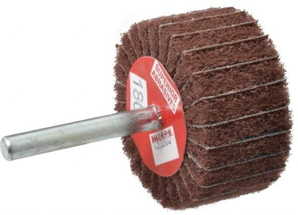 Superior Abrasives - 2" Diam x 1" Face Width, Very Fine Aluminum Oxide Coated Mounted Flap Wheel - 1/4" Shank Mount, 180 Grit, Interleaf, 12,000 Max RPM - Industrial Tool & Supply
