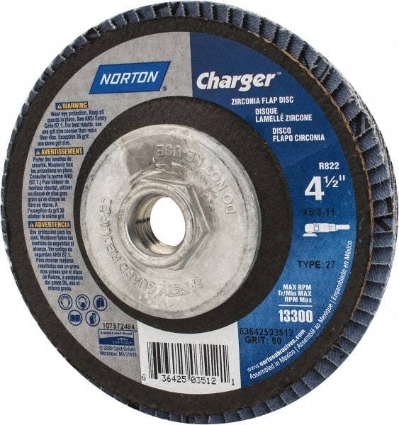 Norton - 60 Grit, 4-1/2" Disc Diam, 5/8-11 Center Hole, Type 27 Zirconia Alumina Flap Disc - 13,000 Max RPM, Fiberglass Backing, Arbor Attaching System, Coated - Industrial Tool & Supply