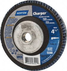 Norton - 60 Grit, 4-1/2" Disc Diam, 5/8-11 Center Hole, Type 27 Zirconia Alumina Flap Disc - 13,000 Max RPM, Fiberglass Backing, Arbor Attaching System, Coated - Industrial Tool & Supply