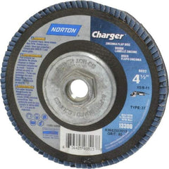 Norton - 40 Grit, 4-1/2" Disc Diam, 5/8-11 Center Hole, Type 27 Zirconia Alumina Flap Disc - 13,000 Max RPM, Fiberglass Backing, Arbor Attaching System, Coated - Industrial Tool & Supply