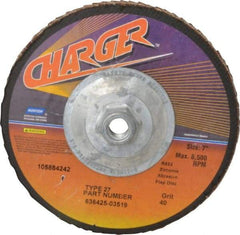 Norton - 40 Grit, 7" Disc Diam, 5/8-11 Center Hole, Type 27 Zirconia Alumina Flap Disc - 8,600 Max RPM, Fiberglass Backing, Coated - Industrial Tool & Supply