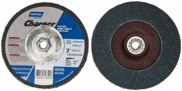 Norton - 60 Grit, 7" Disc Diam, 5/8-11 Center Hole, Type 27 Zirconia Alumina Flap Disc - 8,600 Max RPM, Fiberglass Backing, Coated - Industrial Tool & Supply
