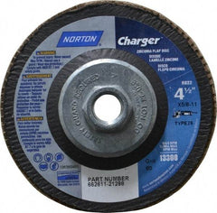 Norton - 60 Grit, 4-1/2" Disc Diam, 5/8-11 Center Hole, Type 29 Zirconia Alumina Flap Disc - 13,000 Max RPM, Fiberglass Backing, Arbor Attaching System, Coated - Industrial Tool & Supply