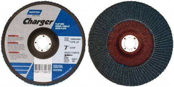 Norton - 40 Grit, 7" Disc Diam, 7/8" Center Hole, Type 27 Zirconia Alumina Flap Disc - 8,600 Max RPM, Fiberglass Backing, Coated - Industrial Tool & Supply