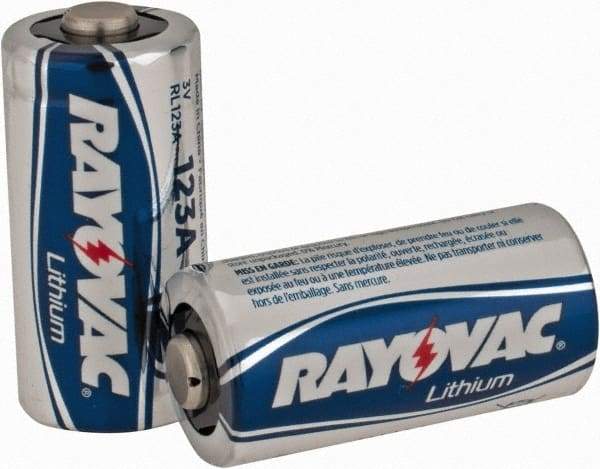 Rayovac - Size 123A, Lithium, 2 Pack, Standard Battery - 3 Volts - Industrial Tool & Supply