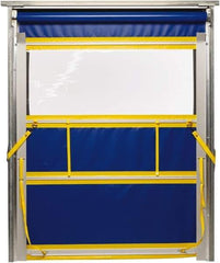 TMI, LLC - 6' Door Width x 8' Door Height PVC Solid with Vision Panel & Spring Loaded Manual (Style) Roll Up Dock Screen - Blue/Yellow/Clear - Industrial Tool & Supply