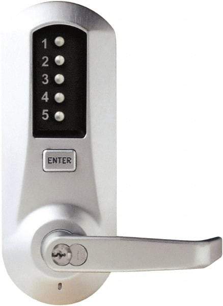 Kaba Access - Combination Entry Lever Lockset with Key Override - 2-3/4" Back Set, No Cylinder, Zamak3, Satin Chrome Finish - Industrial Tool & Supply