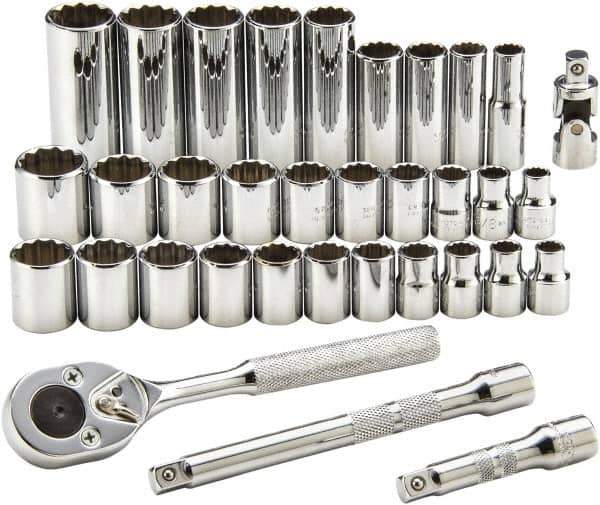 Proto - 34 Piece 3/8" Drive Standard Deep Socket Set - 12 Points, 7/8 to 7/8", 8 to 19mm, Inch/Metric Measurement Standard - Industrial Tool & Supply