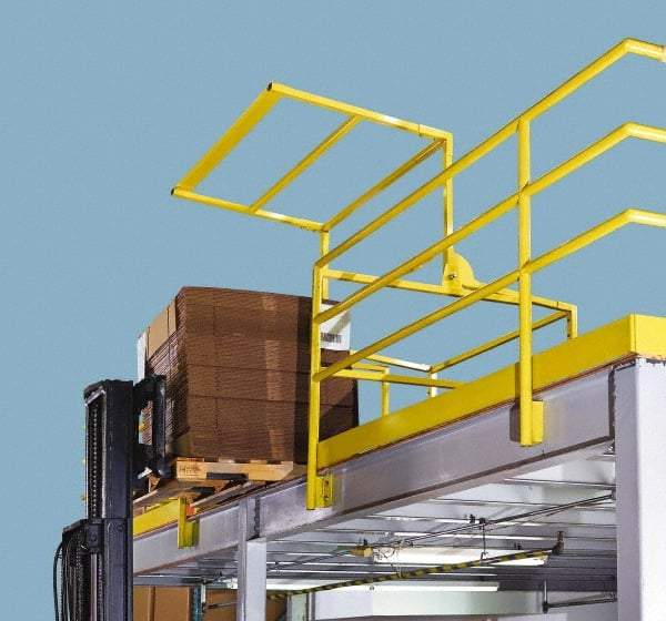 FabEnCo - Powder Coated Carbon Steel Rail Safety Gate - Fits 64W x 42H" Clear Opening, 1-1/2" Wide x 80" Door Height, 190 Lb, Yellow - Industrial Tool & Supply