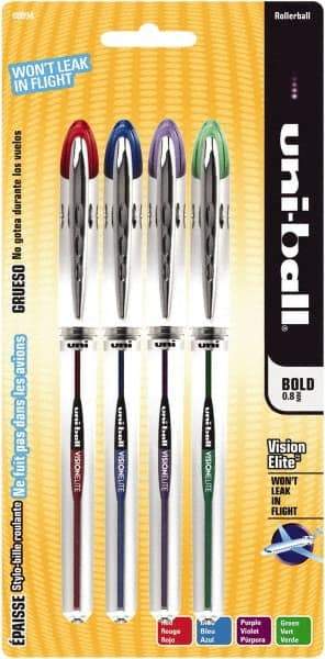 Uni-Ball - Roller Ball 0.8mm Stick Pen - Blue, Green, Purple & Red - Industrial Tool & Supply