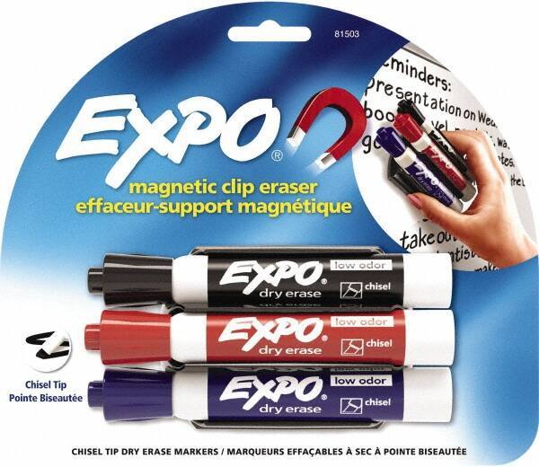 Expo - Chisel Tip 3 Pack with Dry Eraser - Includes Black, Red & Purple & Eraser, For Use with Dry Erase Marker Boards - Industrial Tool & Supply