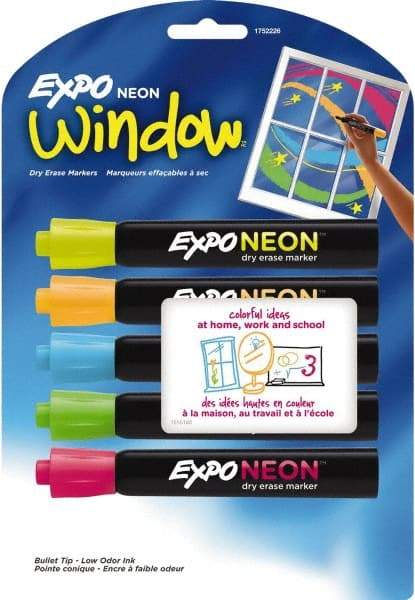 Expo - Blue, Green, Orange, Pink & Yellow Bullet Tip Neon 5 Pack Dry Erase Markers - For Use with Dry Erase Marker Boards - Industrial Tool & Supply