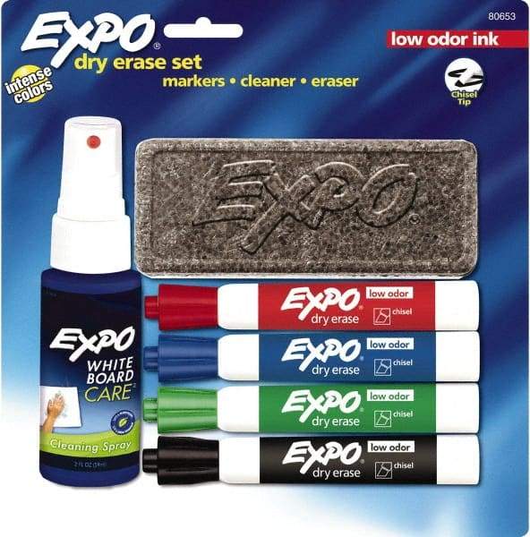 Expo - Red, Blue, Green & Black Low Odor 4 Pack Chisel Tip Dry Erase Markers - Includes Eraser & 3 oz Cleaning Fluid, For Use with Dry Erase Marker Boards - Industrial Tool & Supply