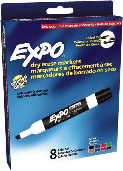 Expo - Black, Blue, Brown, Green, Orange, Pink, Purple & Red Low Odor Chisel Tip 8 Pack Dry Erase Markers - For Use with Dry Erase Marker Boards - Industrial Tool & Supply