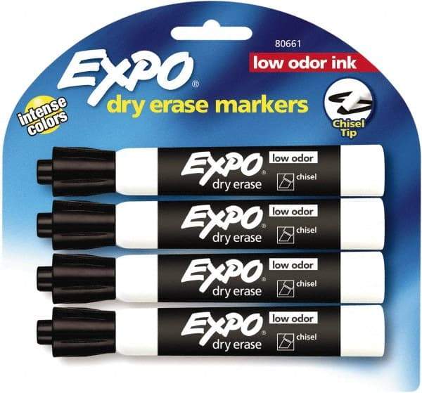 Expo - Black Low Odor Chisel Tip 4 Pack Dry Erase Markers - For Use with Dry Erase Marker Boards - Industrial Tool & Supply