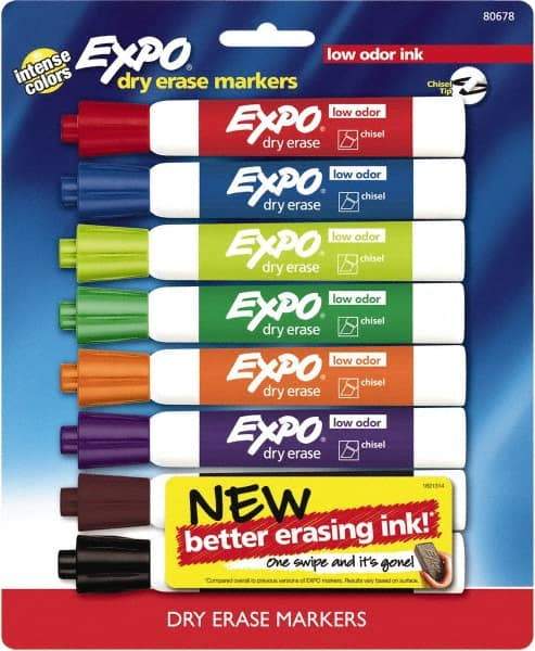 Expo - Black, Blue, Brown, Green, Orange, Pink, Purple & Red Low Odor Chisel Tip 8 Pack Dry Erase Markers - For Use with Dry Erase Marker Boards - Industrial Tool & Supply