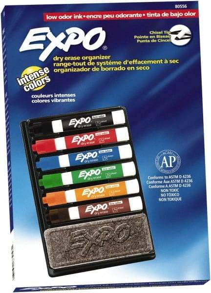 Expo - Black, Blue, Brown, Green, Orange, & Red Low Odor Chisel Tip Markers 6 Pack Dry Erase Markers - Includes Eraser & Organizer, For Use with Dry Erase Marker Boards - Industrial Tool & Supply