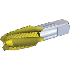 Kennametal - 3/8-18 NPTF, 15° Helix, 4 Flutes, 2-1/2 - 3-1/2 Chamfer, TiN Finish, High Speed Steel, Spiral Flute Pipe Tap - Right Hand Flute, 1.06" Thread Length, 0.4540" Projection, Series T854 - Exact Industrial Supply