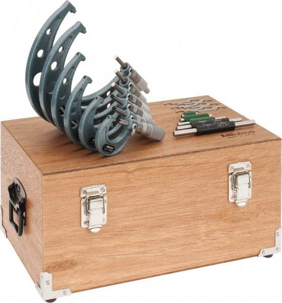 Mitutoyo - 0 to 6 " Range, 11 Piece Mechanical Outside Micrometer Set - 0.0001" Graduation, 0.00010, 0.00015" Accuracy, Ratchet-Friction Thimble, Carbide Face - Industrial Tool & Supply