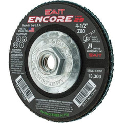 Sait - 80 Grit, 4-1/2" Disc Diam, 5/8-11 Center Hole, Type 29 Zirconia Alumina Flap Disc - 13,300 Max RPM, Fiberglass Backing, Arbor Attaching System, Coated - Industrial Tool & Supply
