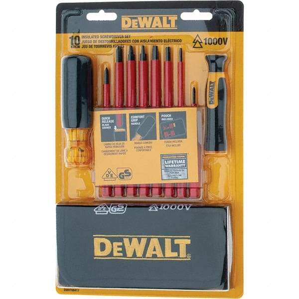 DeWALT - 10 Piece Slotted & Phillips Screwdriver Set - Vinyl Grip Handle, Blade Sizes: Width 3/16, 1/4 & 1/8, Bit Sizes: Philips #0 to #2, Tip Thickness: 1/8, 3/16 & 1/4, Comes in Tool Roll - Industrial Tool & Supply