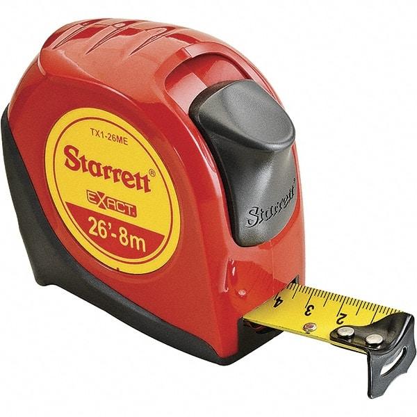 Starrett - 26' x 1" Yellow Blade Tape Measure - 1/16" & 1mm Graduation, S9 Graduation Style, Red Case - Industrial Tool & Supply