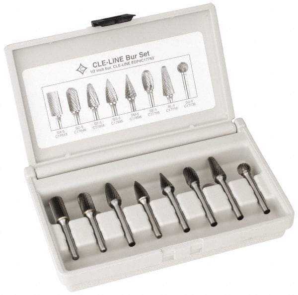 Cle-Line - 8 Piece, 1/4" Shank Burr Set - Solid Carbide, Multiple Head Shapes - Industrial Tool & Supply
