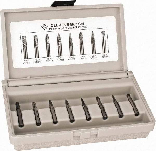 Cle-Line - 8 Piece, 1/4" Shank Burr Set - Solid Carbide, Multiple Head Shapes - Industrial Tool & Supply