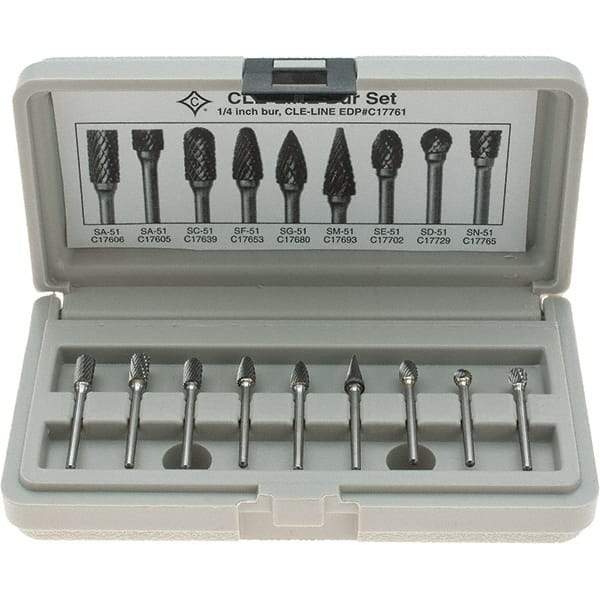 Cle-Line - 9 Piece, 1/8" Shank Burr Set - Solid Carbide, Multiple Head Shapes - Industrial Tool & Supply