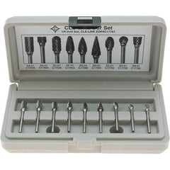 Cle-Line - 9 Piece, 1/8" Shank Burr Set - Solid Carbide, Multiple Head Shapes - Industrial Tool & Supply