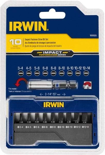 Irwin - 10 Piece, Screwdriver Insert Bit Set - 3 to 14 Slotted & Magnetic Bit Holder with C-Ring - Industrial Tool & Supply