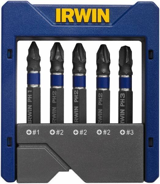 Irwin - 5 Piece, Phillips Handle, Power Bit Set - No. 1 to No. 3 Phillips - Industrial Tool & Supply