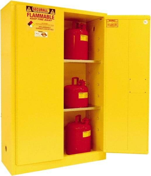 Securall Cabinets - 2 Door, 2 Shelf, Yellow Steel Standard Safety Cabinet for Flammable and Combustible Liquids - 65" High x 43" Wide x 18" Deep, Manual Closing Door, 3 Point Key Lock, 45 Gal Capacity - Industrial Tool & Supply