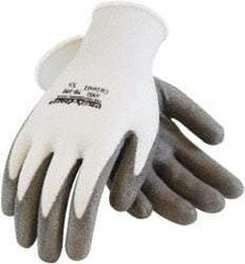 PRO-SAFE - Size XS (6), ANSI Cut Lvl A2, Puncture Lvl 1, Abrasion Lvl 4, Polyurethane Coated HPPE Fiber Cut Resistant Gloves - 9" Long, Palm & Fingers Coated, HPPE Fiber Lining, Continuous Cuff, Gray/White, Paired - Industrial Tool & Supply