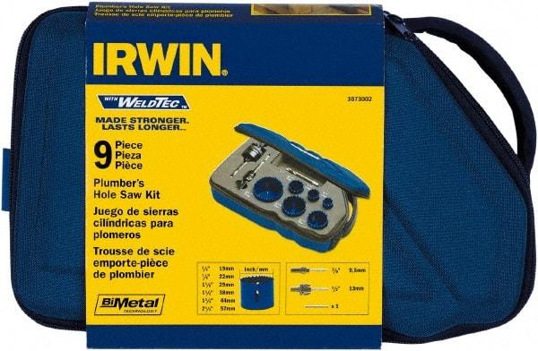 Irwin Blades - 9 Piece, 3/4" to 2-1/4" Saw Diam, Plumber's Hole Saw Kit - Bi-Metal, Toothed Edge, Pilot Drill Model No. 373000, Includes 6 Hole Saws - Industrial Tool & Supply