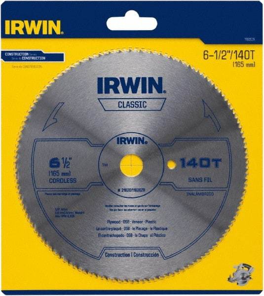 Irwin - 6-1/2" Diam, 5/8" Arbor Hole Diam, 140 Tooth Wet & Dry Cut Saw Blade - High Carbon Steel, Smooth Action, Standard Round Arbor - Industrial Tool & Supply